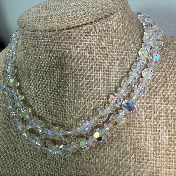 Aurora Borealis Crystal Choker Necklace Layered Beaded Iridescent AB Vintage - Picture 4 of 11